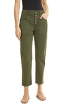 Veronica Beard Arya Straight Leg Button Front Stretch Cotton Pants In Army Green
