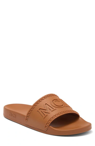 Mcm Logo-embossed Platform Slides In Cognac