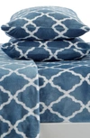 Woven & Weft Printed Plush Velour Sheet Set In Lattice - Smoke Blue / White