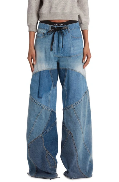 Tom Ford Patchwork Denim Wide Leg Jeans In Blue