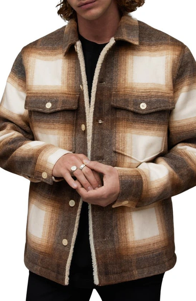 Allsaints Gravity Checked Borg Lined Shirt Jacket In Ecru
