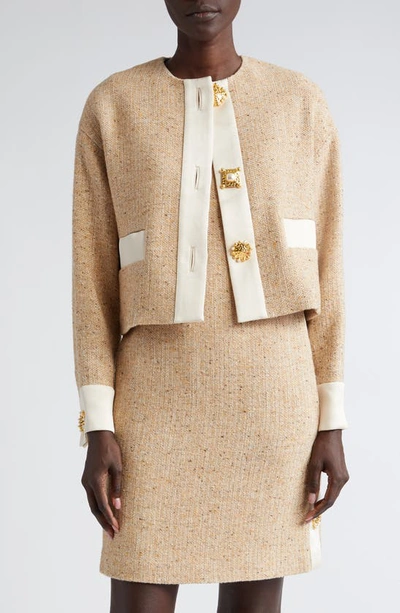 St. John Satin-trim Button-front Italian Tweed Jacket In Light Sand