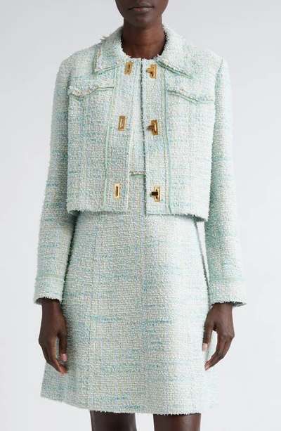 St. John Eyelash Tweed Single-breasted Crop Jacket In Mint Ecru