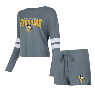 Concepts Sport Women's  Gray Distressed Pittsburgh Penguins Meadowâ Long Sleeve T-shirt And Shorts Sl