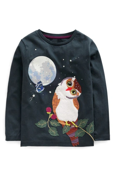 Mini Boden Kids' Owl Appliqué Long Sleeve Cotton T-shirt In Castle Green Owl