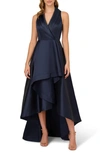 Adrianna Papell Tuxedo High-low Satin Gown In Midnight