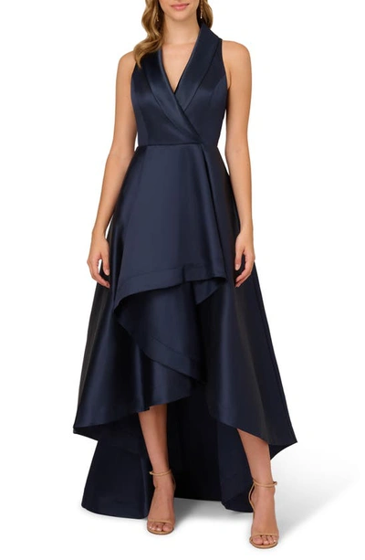 Adrianna Papell Tuxedo High-low Satin Gown In Midnight