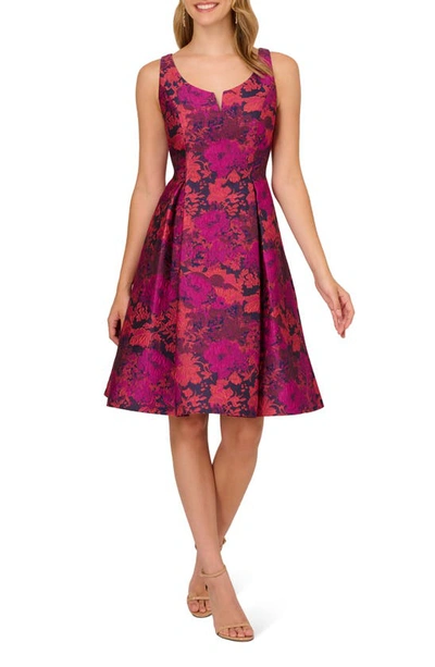 Adrianna Papell Jacquard Fit & Flare Dress In Navy/ Magenta Multi