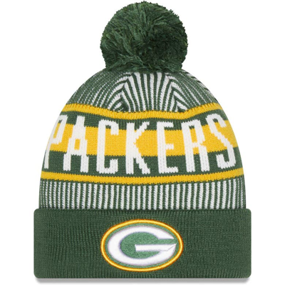 New Era Green Green Bay Packers Striped Cuffed Knit Hat With Pom