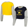 HYPE AND VICE HYPE AND VICE NAVY MICHIGAN WOLVERINES COLORBLOCK ROOKIE CREW PULLOVER SWEATSHIRT