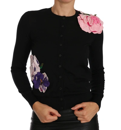 Dolce & Gabbana Black Cashmere Cardigan Floral Sweater