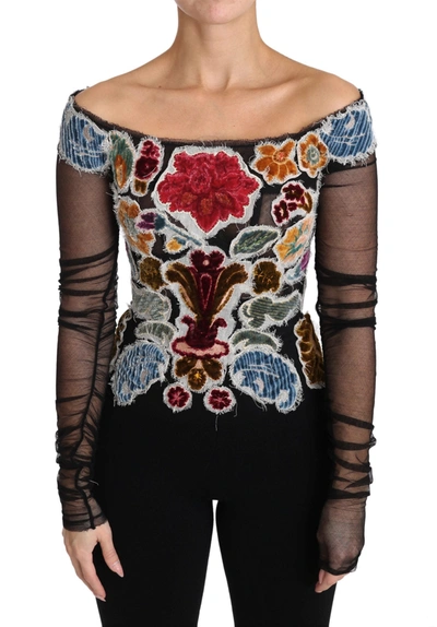 Dolce & Gabbana Black Floral Ricamo Top T-shirt Blouse In Multicolor