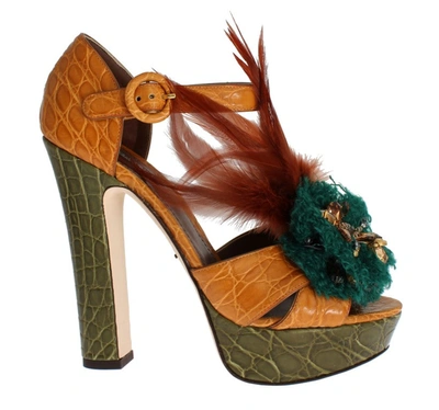 Dolce & Gabbana Orange Leather Crystal Platform Sandal Shoes In Multicolor