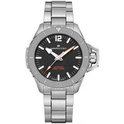 Hamilton Men's Swiss Automatic Khaki Navy Frogman Stainless Steel Bracelet Watch 46mm In Black / Khaki / Navy