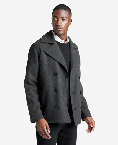 Kenneth Cole Woven Double-breasted Peacoat In Charcoal