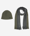 Kenneth Cole Striped Scarf With Sherpa-lined Beanie Set In Olive