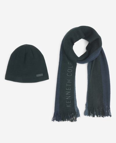 Kenneth Cole Striped Scarf With Sherpa-lined Beanie Set In Navy