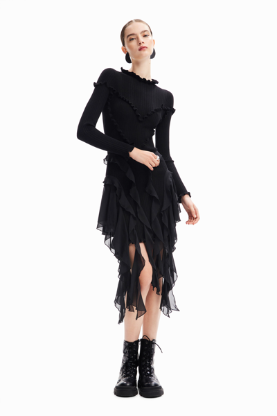 Desigual Mara Escot Ribbed Ruffle Dress In Black | ModeSens