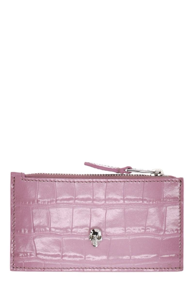 Alexander Mcqueen Skull Zipped Leather Credit Card Case In Pink