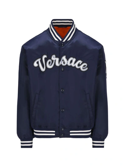 Versace Logo Embroidered Buttoned Jacket In Blue