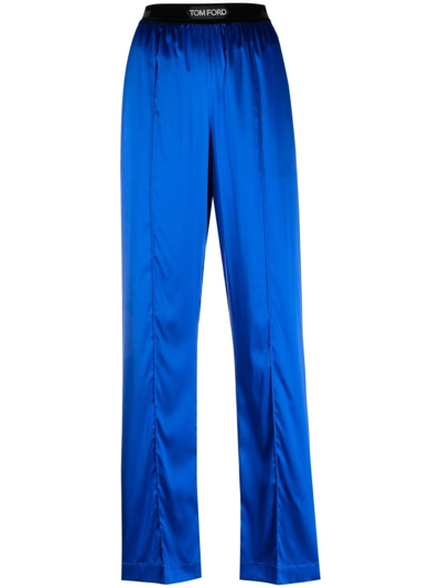 Tom Ford Logo-banded Silk Pj Pants In Blue
