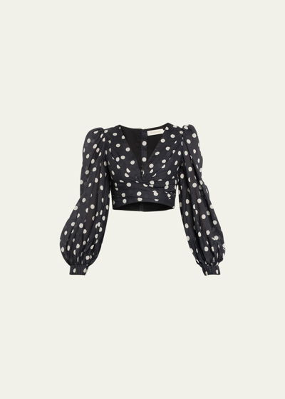 Zimmermann Tuck 波点印花苎麻上衣 In Blackcream Dot