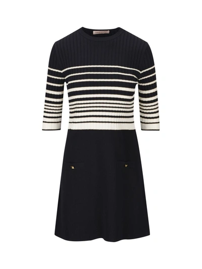 Valentino Striped Knitted Minidress In Navy/ivory/gold