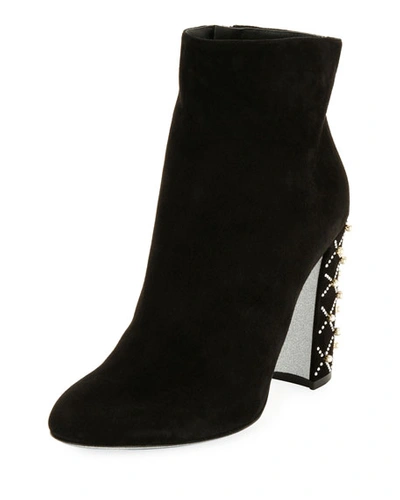 René Caovilla Suede Pearly-heel Ankle Boot In Black