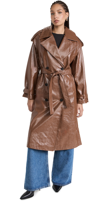 Apparis Isa Faux Leather Crinkle Coat In Camel