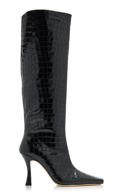 Staud Cami Croc-effect Leather Knee Boots In Black