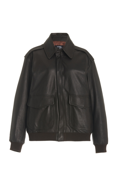 Hommegirls Oversized Leather Bomber Jacket In Dark Brown