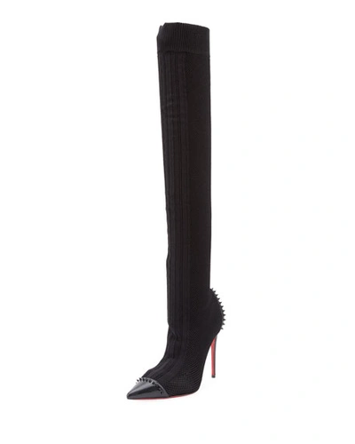Christian Louboutin Souricette Spiked Tall Sock Red Sole Boot, Black, Black