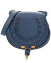Chloé Marcie Small Leather Shoulder Bag With Logo Engraving In Blue