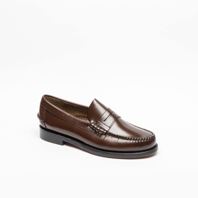 Sebago Dark Brown Brushed Leather Penny Loafer In Marrone