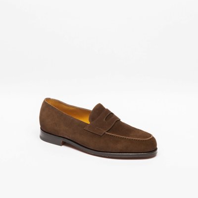 John Lobb Lopez Dark Brown Suede Penny Loafer In Marrone