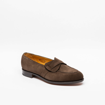 Edward Green Brown Suede Crossed Strap Loafer In Marrone