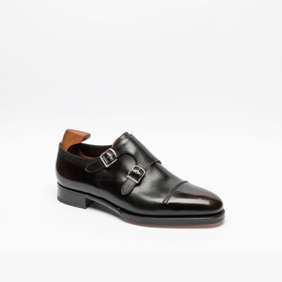 John Lobb Dark Brown Glazed Calf Monk Strap Shoe In Marrone