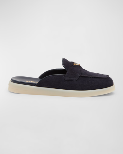 Prada Suede Casual Loafer Mules In Blue