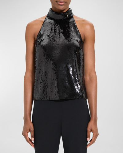 Theory Sequin Roll-neck Halter Top In Black