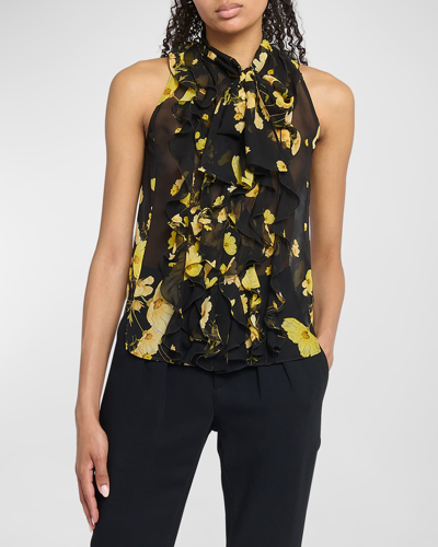 Giambattista Valli Floral-print Ruffle-bib Neck-tie Chiffon Sleeveless Blouse In Black Yellow