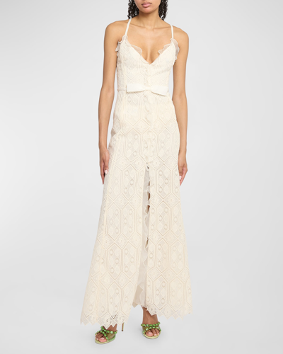 Giambattista Valli Ruffle Bow-waist Slit-hem Crochet Maxi Dress In Ivory