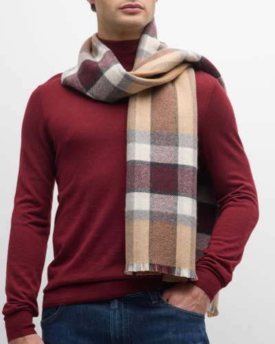 Alonpi Unisex Wool Double-face Plaid Scarf In Camel Bordeaux