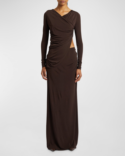 Christopher Esber Carved Fold Up Cutout Long-sleeve Maxi Dress In Cacao