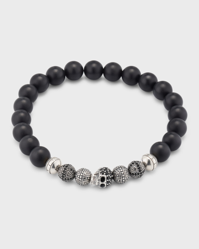 Jan Leslie Men's Black Agate Beaded Bracelet With Crystal Pave Skull