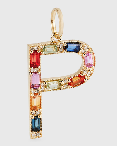 Kastel Jewelry 14k Yellow Gold Initial P Multi-color Sapphire And Diamond Pendant