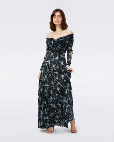 Diane Von Furstenberg Stassi Print Off The Shoulder Long Sleeve Maxi Dress In Blue