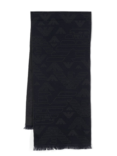 Emporio Armani Official Store Wool Scarf With All-over Jacquard Eagle In Blue