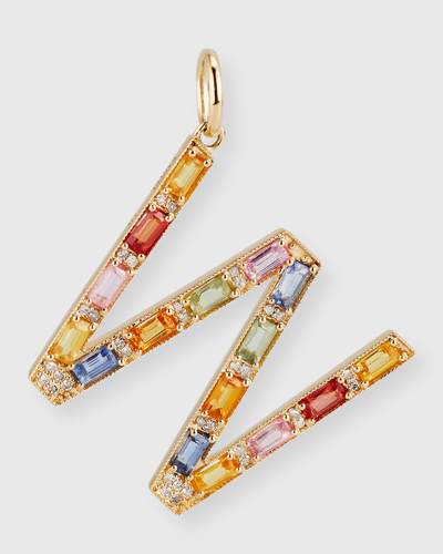 Kastel Jewelry 14k Yellow Gold Initial W Multi-color Sapphire And Diamond Pendant