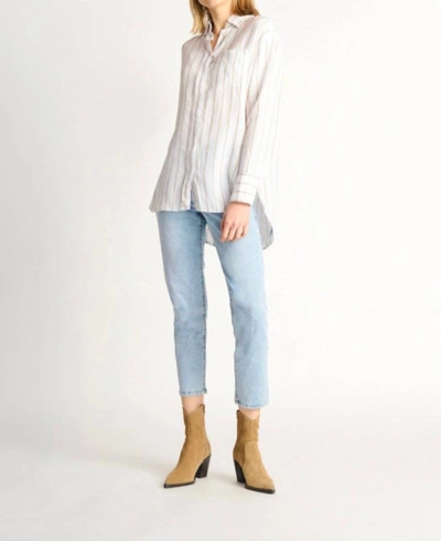Dex Button Front Oversized Linen Blend Striped Shirt In White Taupe Stripe