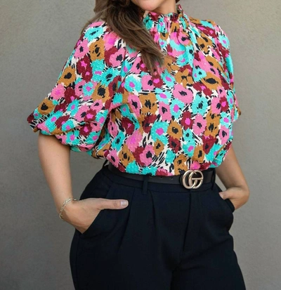 Thml Puff Sleeve Patterned Top In Multicolor